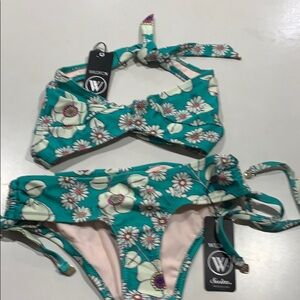 NWT Wildfox Floral Emerald Green‎ Sixties Bikini Se